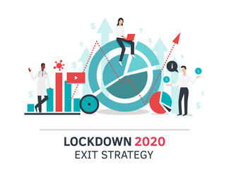 Lockdown exit strategy concept. Quarantine, lifting lockdown plan. Vector flat style illustration. Coronavirus, Covid, economy recovery. Infographic diagram. Stock market, doctor. Financial outbreak