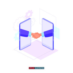 Trendy flat illustration. Businessmen handshake. Doing business with a smartphone. Template for your design works. Vector graphics.