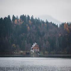 Moody morning on the lake with a house cabin and trees in background
