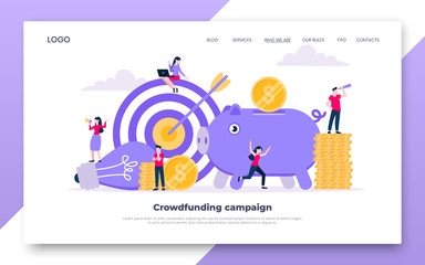 Crowdfunding landing web page concept of fundraising. Piggy bank with coins money currency, target and light bulb with tiny people characters flat style vector illustration isolated white background.