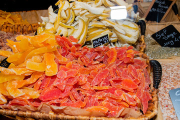 Counter with various dried fruits on the Grand Bazaar in Istanbul, Turkey