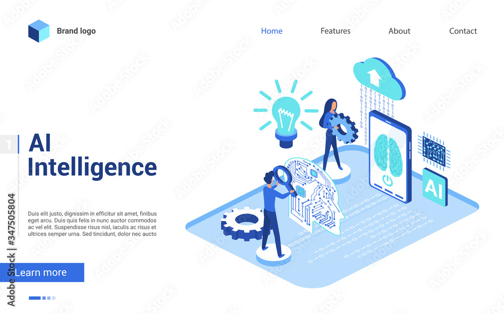 Aufkleber Isometric artificial intelligence vector illustration. Website interface creative 3d design with cartoon engineer people learning digital robot brain intelligent machine. Futuristic tech AI technology