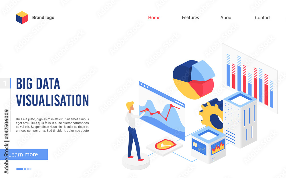 Poster Isometric big data analysis vector illustration. Website interface 3d design with cartoon financial analyst character working on research finance statistics, analyzing business graphs and data charts