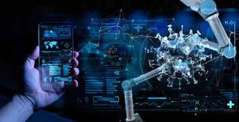 Medicine doctor sciene hand with Ai robotics research and analysis. Diagnose checking coronavirus...