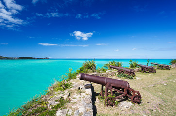 Row Of Cannons Overlooking Turquoise Caribbean Sea, Antigua