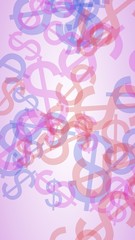 Multicolored translucent dollar signs on white background. Red tones. 3D illustration