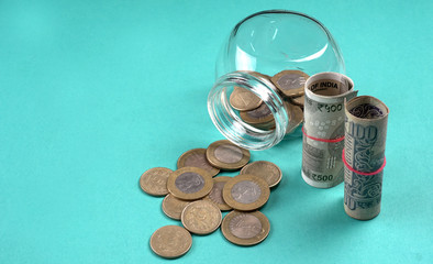 Jar of coins and money. Money saving financial concept, Money Growth.
