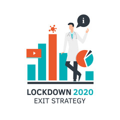 Lockdown exit strategy concept. Quarantine, lifting lockdown plan. Vector flat style illustration. Coronavirus, Covid, economy recovery. Infographic diagram. Stock market, doctor. Financial outbreak