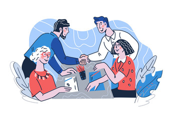Business handshake and agreement conclusion scene with people characters. Partnership contract result of successful business meeting. Cartoon vector illustration isolated.