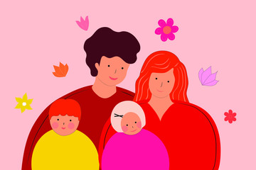 The illustration of the perfect family with father, mother and children. May is a family month. Illustration for a cute cover, poster, banner or card for family holidays. 