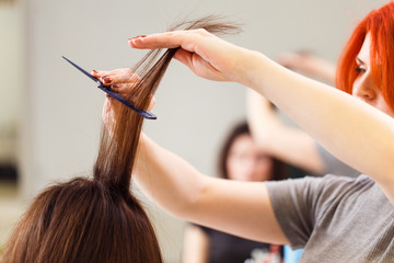 Fototapeta premium Stylist align the customer's hair with straightener
