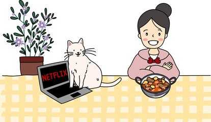 Vector of flat doodle character design illustration of the girl and her cat are chilling out with enjoying food and movie at home