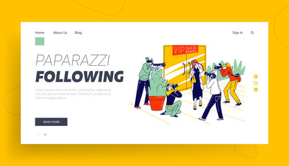 Obraz na płótnie Canvas Famous People, Fashion and Cinema Stars Lifestyle Landing Page Template. Celebrity Leaving VIP Shop Attacked with Annoying Paparazzi Characters Photographing on Cameras. Linear Vector Illustration