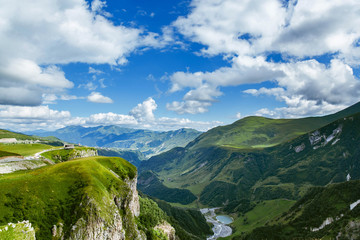Beautiful view of green alpine meadows. Georgia, Europe. Caucasus mountains landscape. Beauty world. Travel