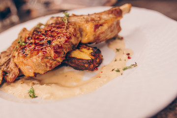  Grilled Skewers chicken fillet  meat , cuisine grill baked garnish at restaurant, close up view.  Selective focus. Design Gourmet and luxury concept service