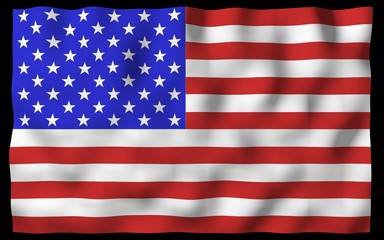 Naklejka premium Waving flag of the United States of America on a dark background. Stars and Stripes. State symbol of the USA. 3D illustration