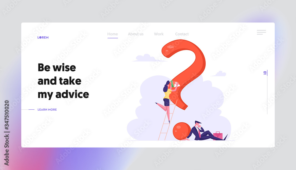 Poster doubts and confusion landing page template. thoughtful and doubtful little characters thinking under