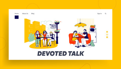 Obraz na płótnie Canvas Friends Meeting Landing Page Template. Bored Women Listen Annoying Friend in Outdoors Cafe. Girl Boring of Talking Man. Characters Uninvolved in Conversation. Linear Vector People Vector Illustration
