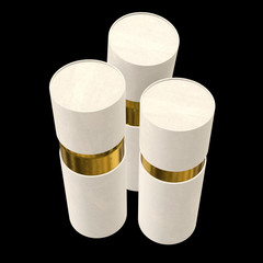 Kraft paper cardboard tube package with gold part mock up. 3d render on black background.