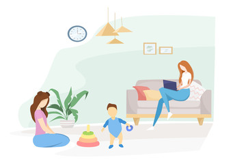 The girl works from home, distant work, freelancer. The dark room is lit by a lamp. A woman sits on an armchair and works in a laptop. Flat vector illustration.