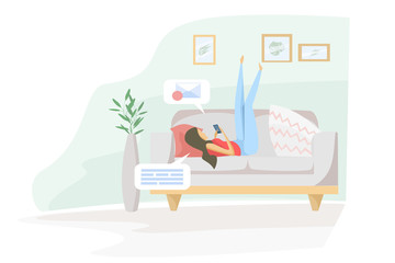 Flat vector illustration. The girl lies on the couch and is texting on the phone. Emails. Quarantine during the coronavirus pandemic, self-isolation. Stay at home.