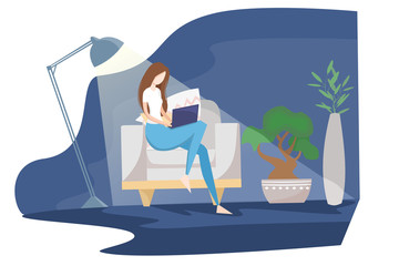 The girl works from home, distant work, freelancer. The dark room is lit by a lamp. A woman sits on an armchair and works in a laptop. Flat vector illustration.