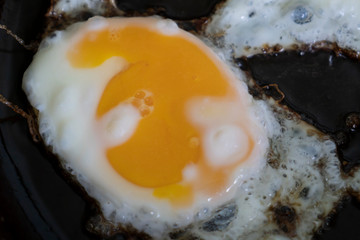 Fried eggs in a pan, a healthy student breakfast