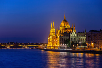 Fototapeta na wymiar River View Of Budapest City By Night In Hungary