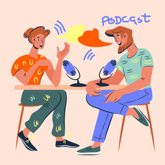 Live streaming and broadcasting of the scene with social media bloggers leading a podcast or interview. Cartoon characters vloggers. Audio and video recording in the studio. Vector illustration.