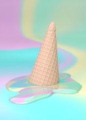 Melted gradient rainbow ice cream with a cone in front of a holographic background, summer themed minimal scene, concept for dessert