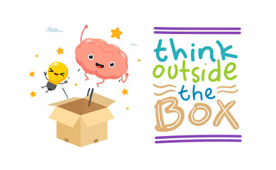 a brain and a bulb pop out from the box. Isolated Vector Illustration.
