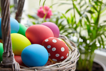 Easter Day, basket with colorful Easter Eggs