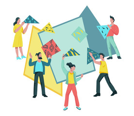 Business team partnership and collaboration metaphor with people connecting puzzle elements. Teamwork and business company successful cooperation. Flat vector illustration isolated.