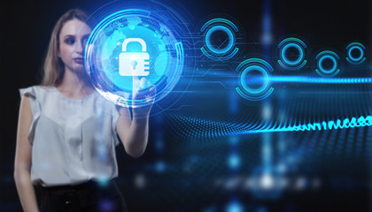 Fototapeta premium Business, Technology, Internet and network concept. Young businessman working on a virtual screen of the future and sees the inscription: