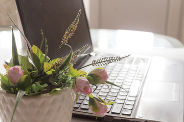 Workplace fashion blogger early in the morning. Modern desktop with laptop and spring flowers. Wooden desk with work stuff. Sunrise, Shallow DOF. Workplace in a skyscraper.