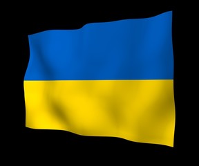 The flag of Ukraine on a dark background. National flag and state ensign. Blue and yellow bicolour. 3D illustration waving flag