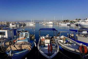 Fototapeta na wymiar Fishing boats in Latsi port in Cyprus
