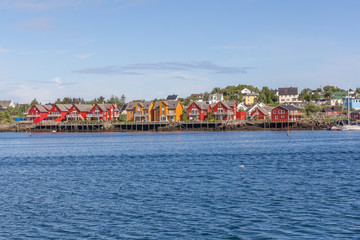 Fototapeta na wymiar Typical Norwegian fishing village with traditional red rorbu huts, Reine, Lofoten Islands, Norway