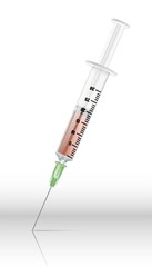 3d realistic vector syringe with medicine inside. Isolated icon illustration.