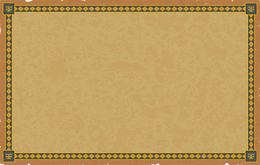 Old blue and yellow medieval frame with heraldic flowers on a worn parchment paper.