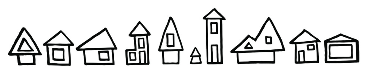 Set of abstract hand drawn houses in minimalism style. Symbol of relax, separate safe life. Elements for graphic design, logo, and illustrations.Stock vector illustration. Isolated on white background