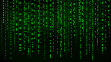 Green matrix background. stream of binary code. Falling numbers on dark backdrop. Digital computer code. Coding and hacking. Vector illustration. © ihor