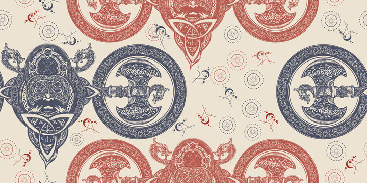 Viking. Seamless pattern. Packing old paper, scrapbooking style. Vintage background. Medieval manuscript, engraving art. Axe, dragons. Scandinavian mythology