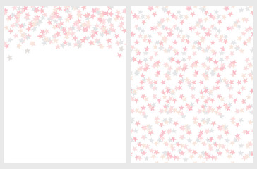 Tiny Stars Seamless Vector Pattern and Layout. Irregular Hand Drawn Simple Starry Print. Pink Confetti Rain. Pink and Gray Falling Stars Isolated on a White Background. Backdrop without Text. 