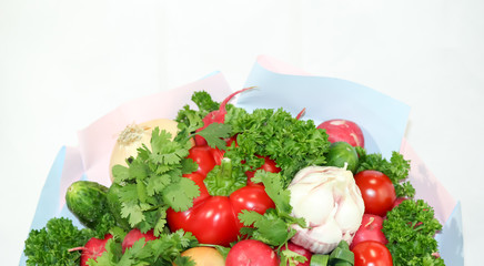 Food grown in a greenhouse garden. Seasonal vegetables.