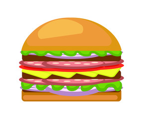 Burger isolated white background. Fast food hamburger, cheeseburger. Vector illustration.