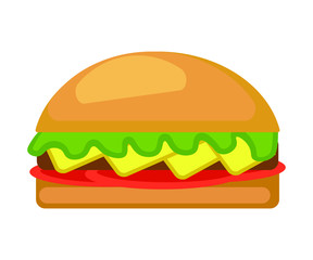 Burger isolated white background. Fast food hamburger, cheeseburger. Vector illustration.