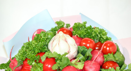 Food grown in a greenhouse garden. Seasonal vegetables.