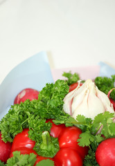 Food grown in a greenhouse garden. Seasonal vegetables.