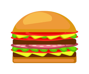 Burger isolated white background. Fast food hamburger, cheeseburger. Vector illustration.